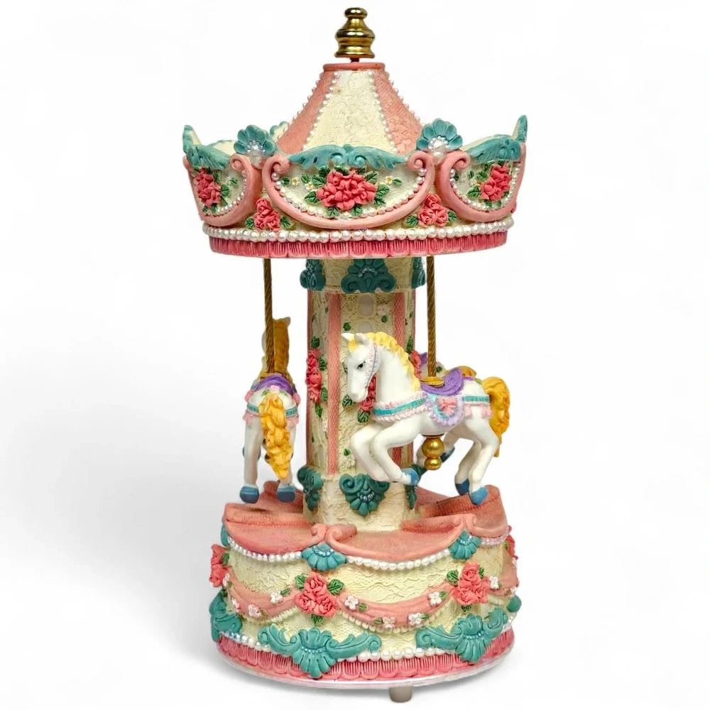 Musical Rotating Carousel Horse Music Box Plays Carousel Waltz Pink Floral